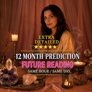 May include: A psychic reading service advertisement featuring text that reads EXTRA DETAILED, 12 MONTH PREDICTION, FUTURE READING, and SAME HOUR / SAME DAY. The image includes a lit candle, a crystal ball, amethyst and rose quartz crystals.