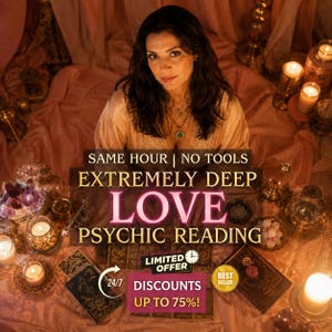 May include: A psychic reading service advertisement featuring text that reads SAME HOUR | NO TOOLS EXTREMELY DEEP LOVE PSYCHIC READING, LIMITED OFFER, 24/7 DISCOUNTS UP TO 75%, and BEST SELLER, surrounded by lit candles and tarot cards.