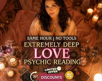 Op de afbeelding: Een advertentie voor een paranormale lezing met de tekst SAME HOUR | NO TOOLS EXTREMELY DEEP LOVE PSYCHIC READING, LIMITED OFFER, 24/7 DISCOUNTS UP TO 75% en BEST SELLER, omringd door brandende kaarsen en tarotkaarten.