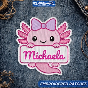 Personalized Cute Axolotl Embroidered Patch, Custom Kawaii Pet Name Iron On Patch, Girly Animal Lover Sew On Jacket Backpack Kids Patch