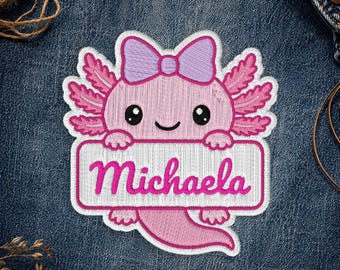 Personalized Cute Axolotl Embroidered Patch, Custom Kawaii Pet Name Iron On Patch, Girly Animal Lover Sew On Jacket Backpack Kids Patch