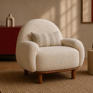 Cream Boucle Accent Chair   Cozy Curved Lounge Chair with Wooden Base   Elegant Ecru Teddy Single Sofa for Living Room