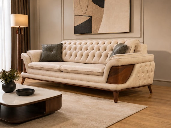Luxury Beige Chesterfield Sofa   Modern 3 Seater Tufted Leather Couch   Elegant Cream Sofa with Walnut Wood Accents