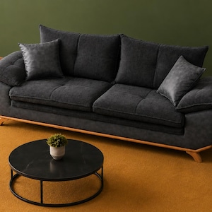May include: A charcoal gray three-seater sofa with tufted cushions and two matching square throw pillows, supported by a light-toned wooden base. In front sits a round black coffee table with a small green potted plant on its surface.