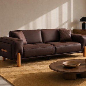Mid Century Brun Soffa 3-sits Modern Soffa med Träben Japandi Minimalistiska Vardagsrumsmöbler