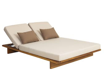 Wooden Double Sun Lounger   Adjustable Luxury Wooden Daybed for Two   Modern Garden  Poolside and Terrace Sunbed