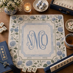 May include: A square Mahjong mat featuring a blue hydrangea floral border and a central blue monogram with the letters NMO. The mat includes printed game instructions and directional markers for Charleston play, set against a light cream background.