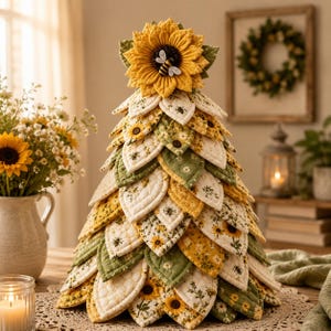 May include: A cone-shaped decorative tree constructed from layered, quilted fabric petals in shades of yellow, green, and white. The petals feature sunflower and bee patterns. A large, three-dimensional fabric sunflower with a bee sits at the top.