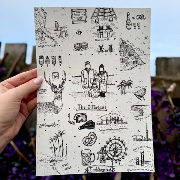 Personalised Couple Story of Us, Hand Drawn Pen Artwork (A4) Anniversary Gift