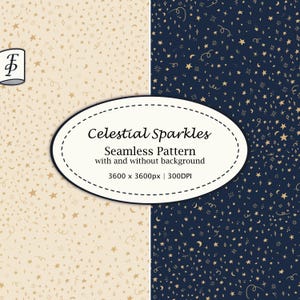 Gold Celestial Seamless Pattern, Boho Star Digital Paper, Night Sky Moon Print, 4 Colorways JPG, Transparent Background PNG