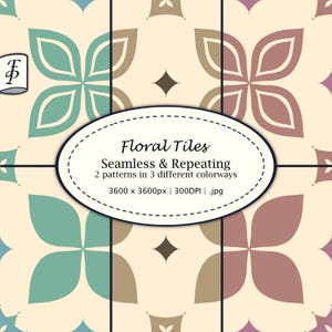 Peut inclure: Un graphique numérique présentant un motif de carreaux floraux sans couture en sarcelle, mauve et beige. Une superposition ovale contient le texte : Floral Tiles, Seamless & Repeating, 2 patterns in 3 different colorways, 3600 x 3600px | 300DPI | .jpg.