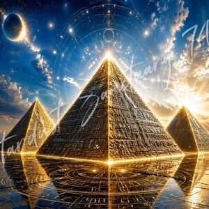 Op de afbeelding: Drie gouden piramides met ingewikkelde geometrische patronen staan op een reflecterend oppervlak onder een sterrenhemel met een felle zon en een maansikkel. De tekst Stardust Sanctuary 741 is over de lichtgevende scène heen geplaatst.