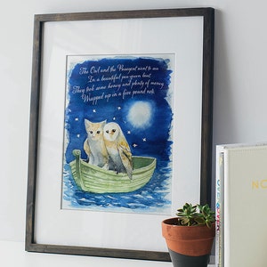 Beautiful Owl and the Pussycat went to sea, Owl and Pussycat - Original art print, owl pussycat rhyme, Edward Lear art, owl and cat art