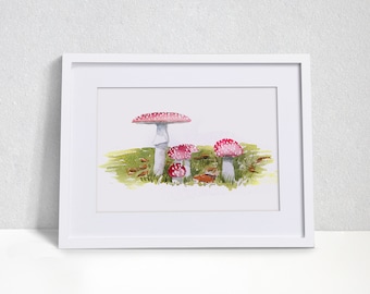 Pilze Malerei Aquarell, rote Pilze Kunst, Fliegenpilze, Küchenkunst,