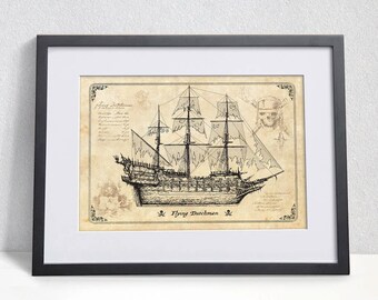 The Flying Dutchman Pirate Ship engineering design, Pirates of the Caribbean gift,  print, pirate art, pirate ship illustration