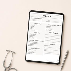 May include: A digital tablet displaying a cognitive evaluation form titled COGNITION with sections for orientation, memory, attention, and communication. A silver stethoscope and a silver stylus are positioned next to the tablet on a light surface.