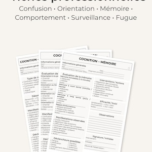 May include: A set of six professional cognitive assessment forms titled Pack Cognition – 6 fiches professionnelles. The documents include sections for general information, memory evaluation, behavioral observations, and clinical notes in French.