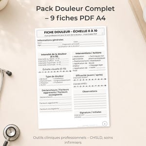 Pack Douleur Complet – 9 fiches PDF A4 | Échelle 0–10, Évaluation clinique, Suivi douleur