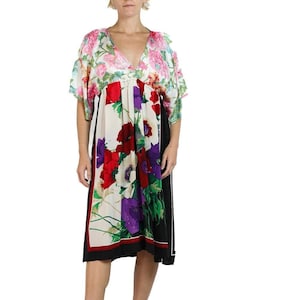 Morphew Collection Pink, Purple, Red Floral Print Silk Virgo Empire Waist Dress Made From Four Vintage Scarves image 1