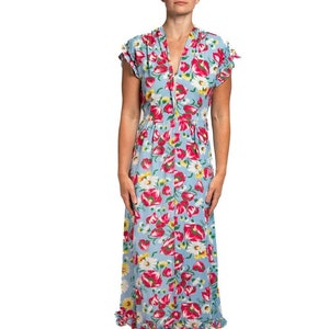 1940S Aqua Blue & Pink Cold Rayon Floral Zip-Front Dress image 1