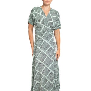 1940S Light Blue & Black Cold Rayon Geometric Print Wrap Dress image 1