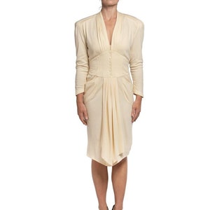 1980S THIERRY MUGLER Cream Wool Blend Jersey Sleeved Dress With Pockets image 1