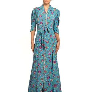 1940S Blue & Pink Floral Cold Rayon Zipper Front Dress image 1