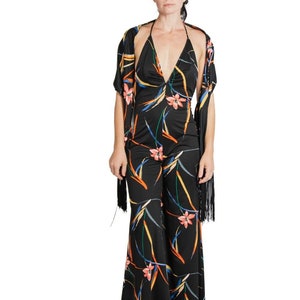 1970S Black & Tropical Rayon Jumpsuit With Matching Shawl image 1