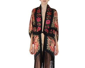 Morphew Collection Black, Red & Gold Silk Lamé Art Deco Floral Cocoon With Fringe