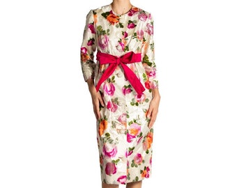 1960S PAUL WHITNEY Floral Print Metallic Silk Blend Brocade Coat Dress With Crystal Cluster Buttons & Pink Sash Belt