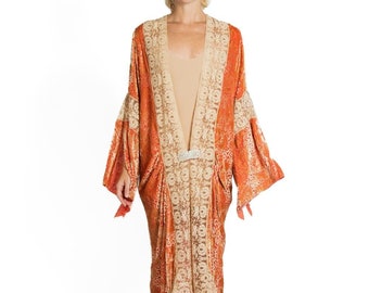 1920S Golden Orange & Beige Silk Burnout Velvet Lace Trimmed Robe