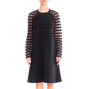 1960S JACQUELINE VANOYE Black Polyester Knit MOD Cocktail Dress With Mesh Lurex Stripe Sleeves image 1