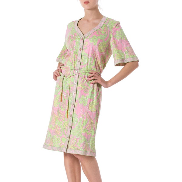 1960S AVERADO BESSI Baby Pink & Green Cotton Jersey Mod Abstract Psychedelic Print House Dress