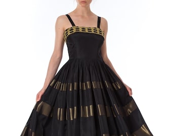 1940S Black & Gold Rayon Taffeta Ball Gown With Hand Embroidered Hem Bodice