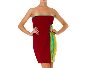 1990S GIANNI VERSACE Acid Green & Red Wool Silk Jersey Strapless Empire Waist Dress With Aqua Blue Details