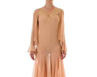 1920S Blush Pink Silk Chiffon & Lace Sheer Dress With Jacket