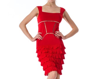 2000S JOHN GALLIANO Red Rayon Blend Knit Ruffled Skirt Cocktail Dress