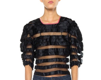 1930s Black Net And Ribbon Top With Pink Velvet Trim Size: 4