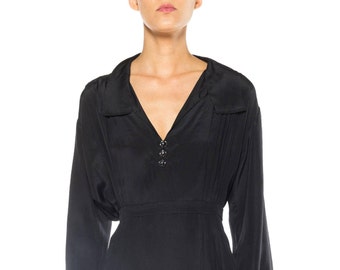 Edwardian Black Silk Long Sleeve Pleated & Belted Blouse
