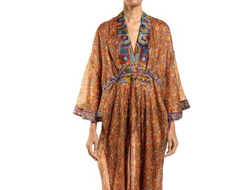 Morphew Collection Orange  Blue Multicolored Silk Conversational Print Kaftan Made From Vintage Sari