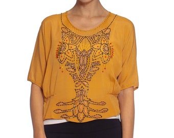 1920S Light Orange Silk Beaded  Embroidered Blouse