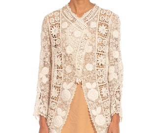 Victorian White Irish Crochet Long Jacket With Sleeve