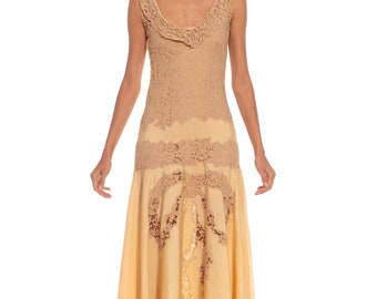 1930S Beige  Yellow Gold Chiffon Lace Slip Dress