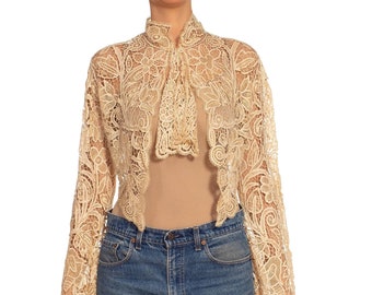 1920s crema de aguja de seda chaqueta corta con manga larga