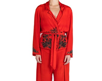 1920S Cherry Red Blossom Silk Pajamas