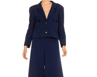 1970S Chanel Navy Blue Wool Blend Jersey Pant Suit With Black Satin Trim  Gold Buttons