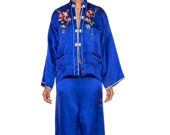 1970S Indigo Blue Silk Japanese Pajamas Ensemble With Floral Embroidery