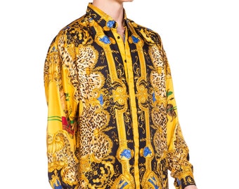 1990's GIANNI VERSACE Baroque And Leopard Printed Silk Shirt Top