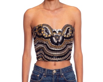 1990S Gianni Versace Black, Silver  Gold Beaded Silk Strapless Bustier