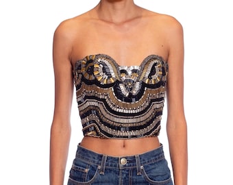 1990S GIANNI VERSACE ATELIER Black, Silver  Gold Beaded Silk Strapless Bustier
